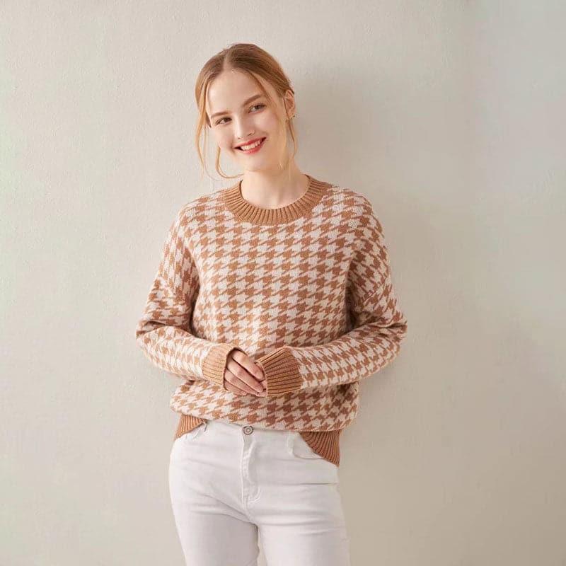 Cashmere Round Collar Houndstooth Sweater - Daisysilk