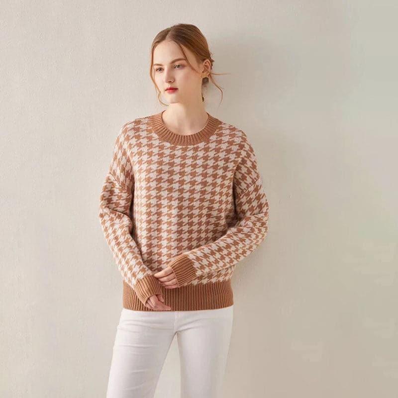 Cashmere Round Collar Houndstooth Sweater - Daisysilk