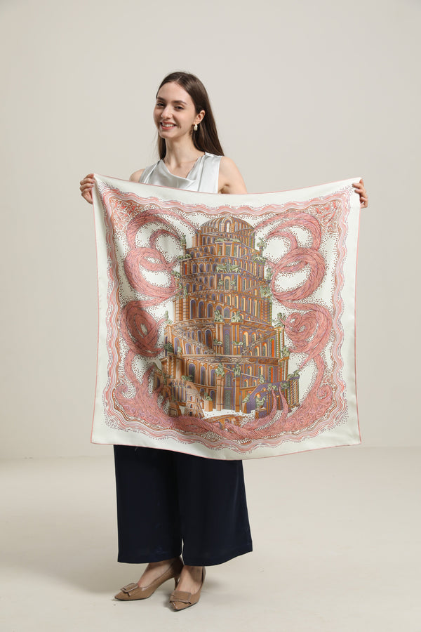 Silk Scarf with Vintage Castle Pattern