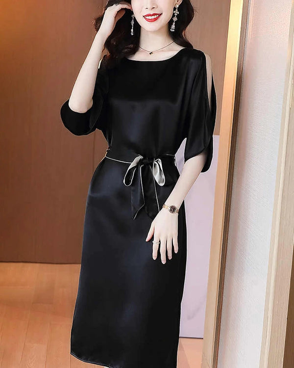 Belted Silk Midi Dress with Slit Shoulders, Black