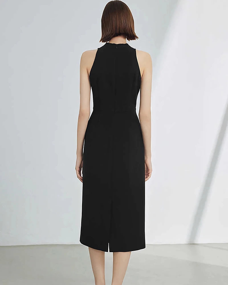 V Neck Silk Sleeveless Midi Dress, Black