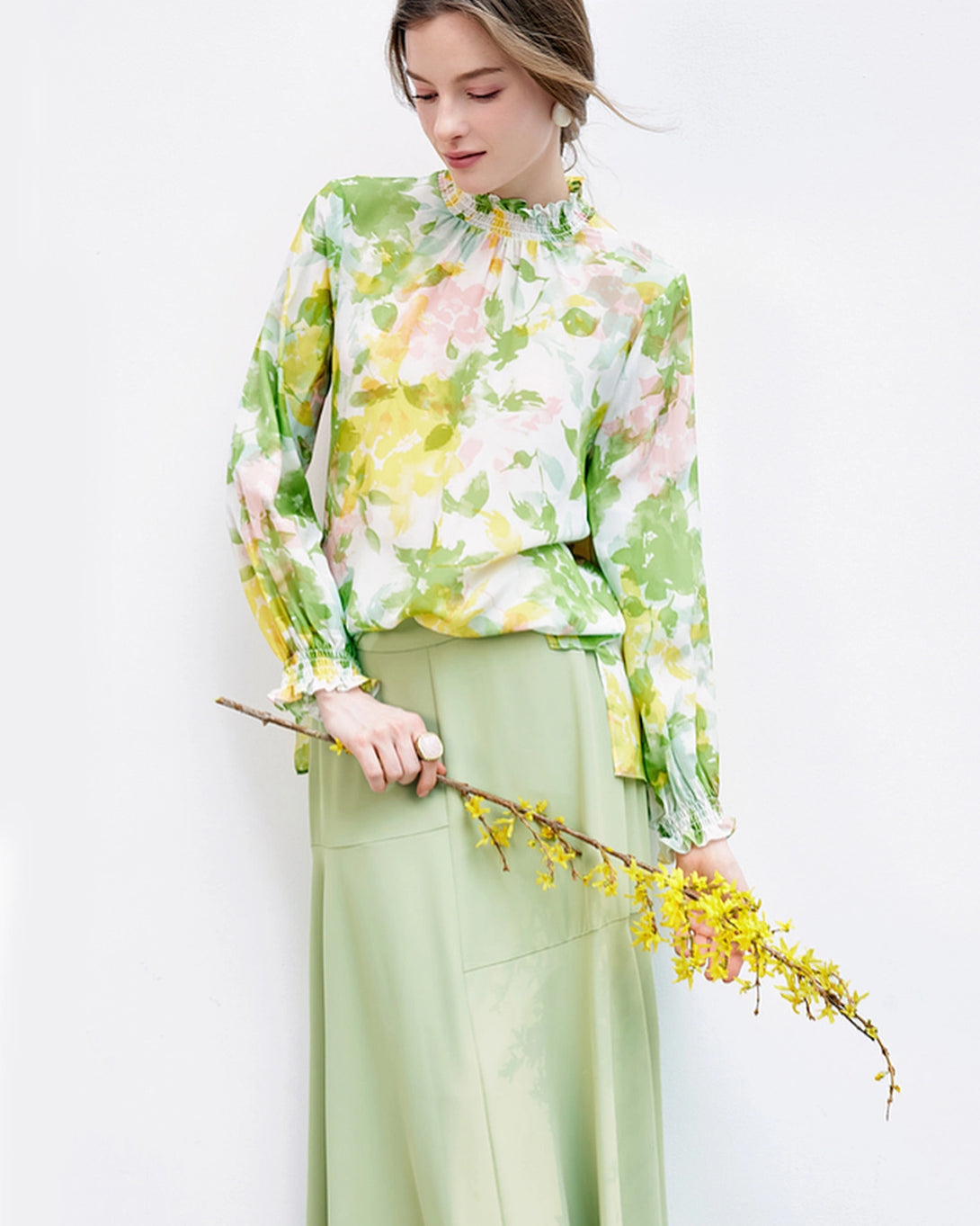 Floral Silk Blouse with Ruffles, Green