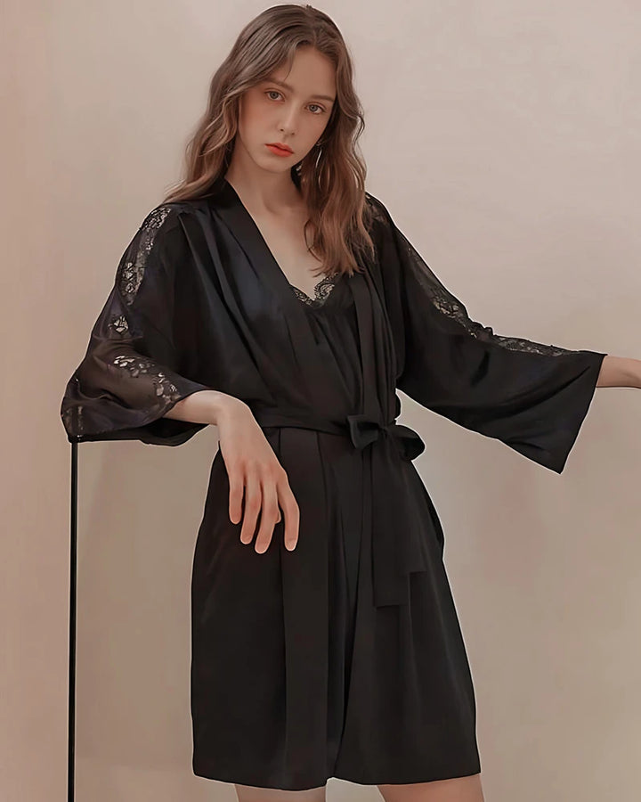 Washable Silk Lace Trim Robe, Black