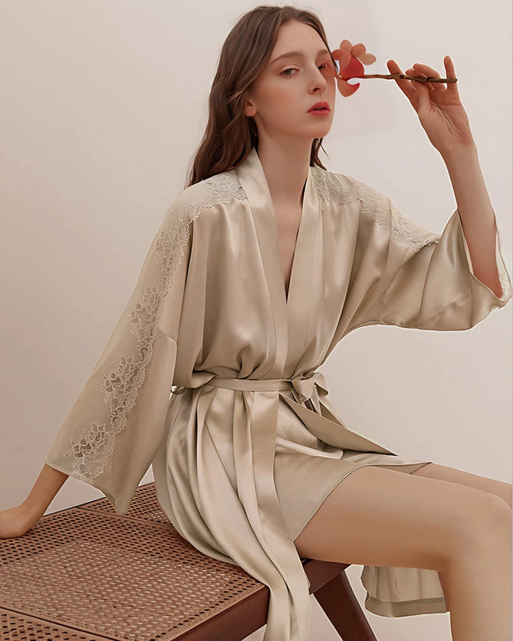 Washable Silk Lace Trim Robe, Champagne