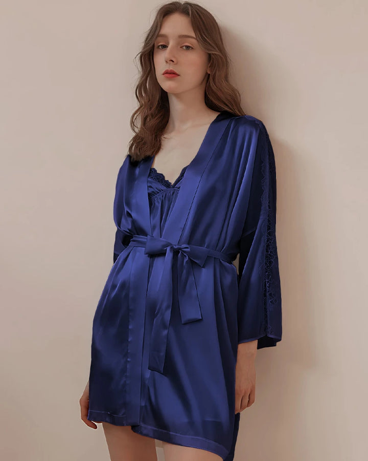 Washable Silk Lace Trim Robe, Navy