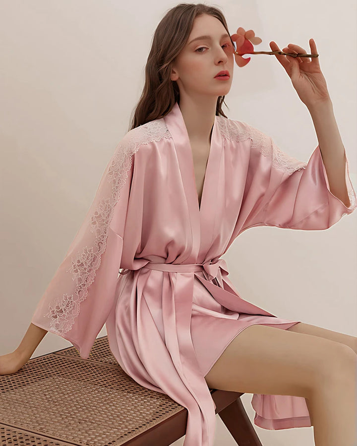 Washable Silk Lace Trim Robe, Pink