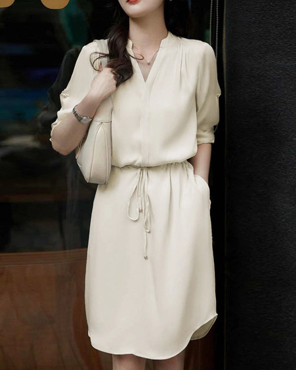 Silk Shirt Dress with Drawstring Waist, Cream
