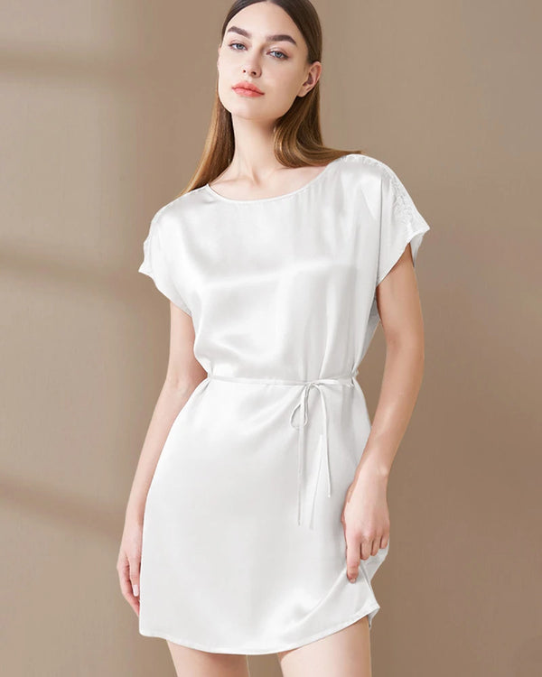 Washable Silk and Lace Pajama Dress,  White