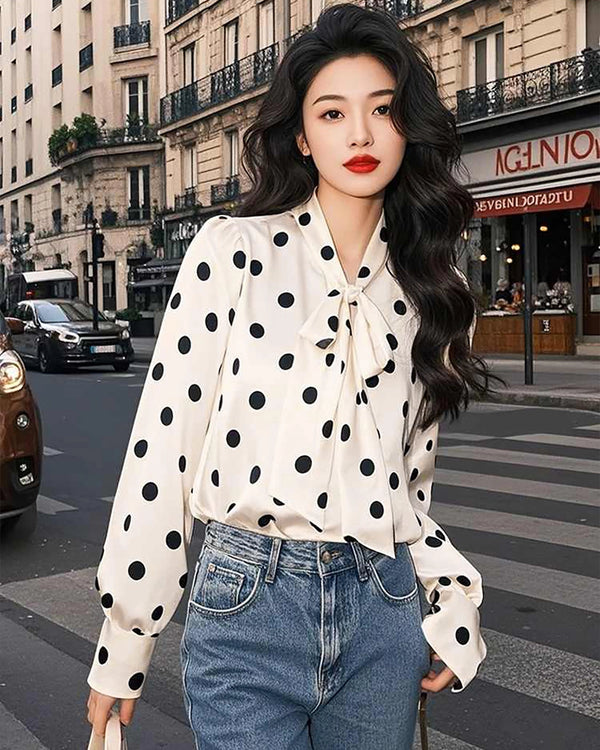 Silk Polka Dot Bow Blouse, White And Black