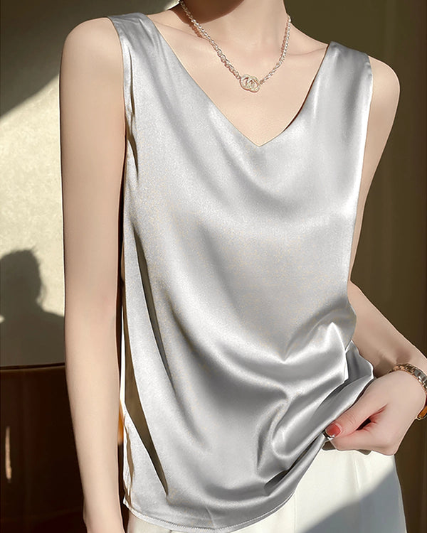 Women's V Neck Sleeveless Silk Top, Grey