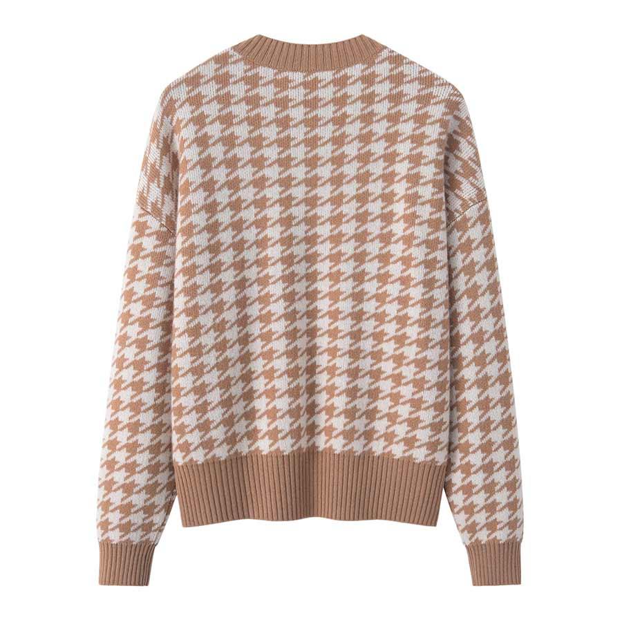 Cashmere Round Collar Houndstooth Sweater - Daisysilk